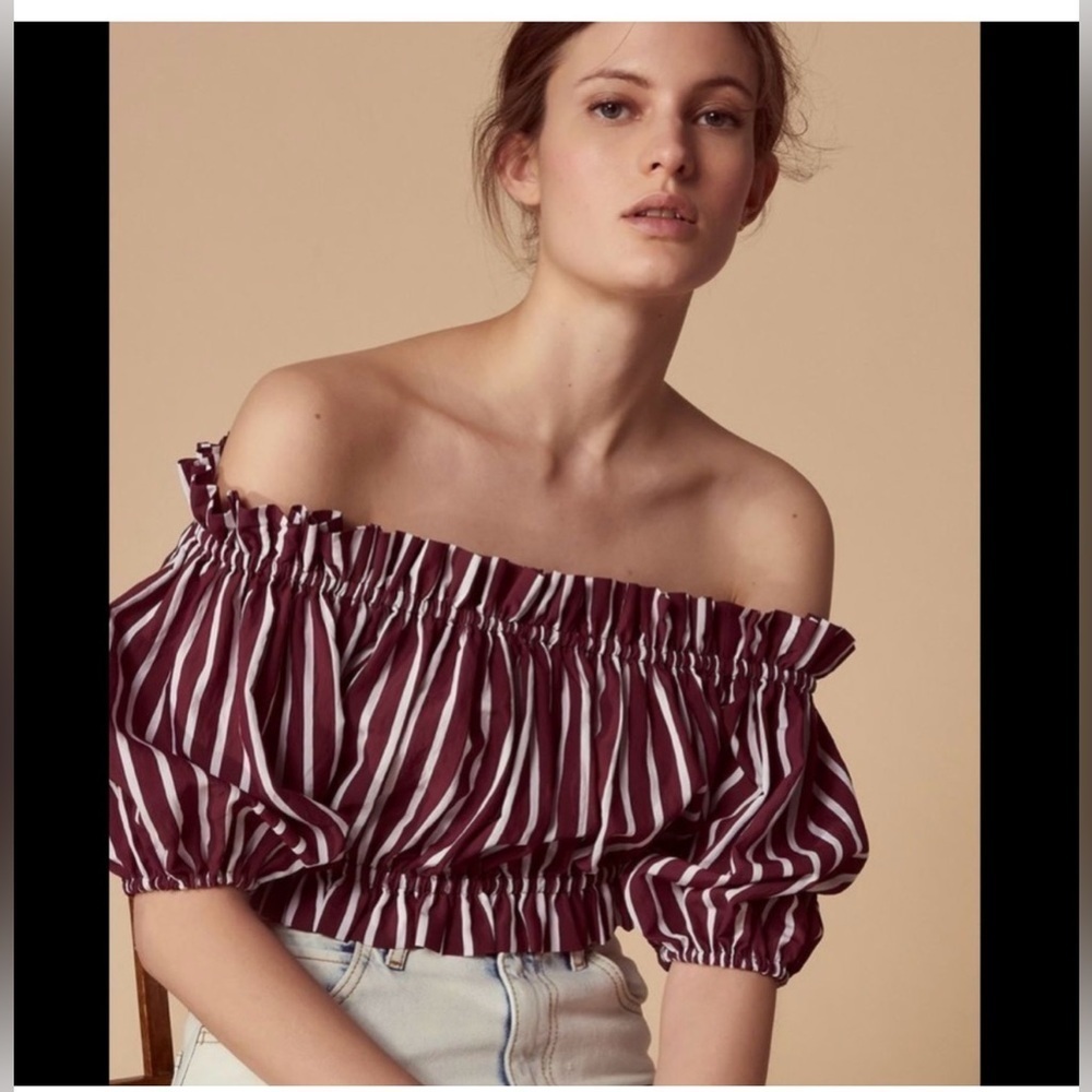 Sandro Striped Ranja Off The Shoulder Crop Top Blouse Size 2 - Picture 2 of 9